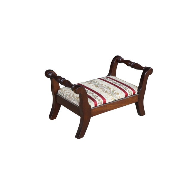 Traditional Antique 20th C. Regency Style Mahogany Footstool Striped Floral Brocade Seat For Sale - Image 3 of 15