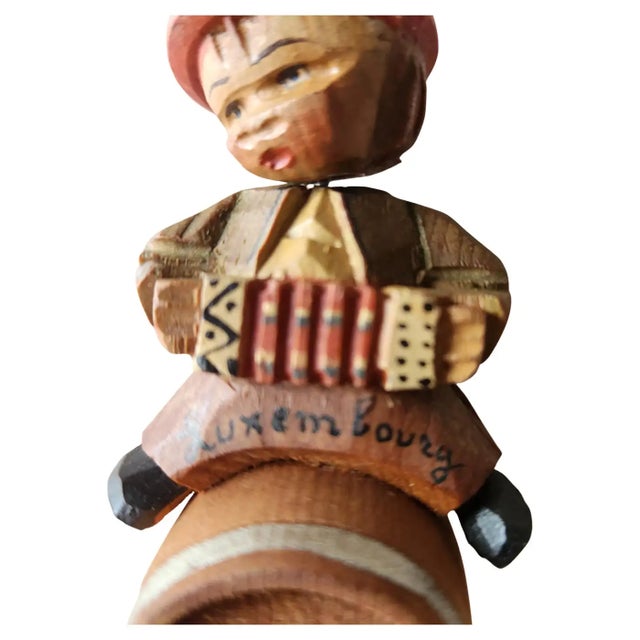 1950s Luxembourg Hand Carved Wood Wine Bottle Cork Stopper Folk Art musician attributed ANRI stamped made Italy 5 x 2 x...