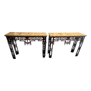 1990s Chinese Chippendale Chinoserie Faux Marble Top Console / Sofa Tables a Pair For Sale