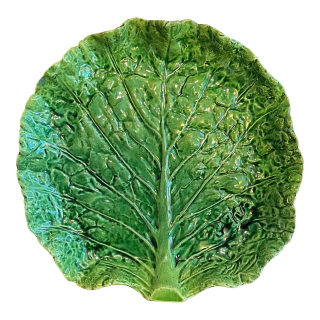 Antique Portuguese Majolica Pottery Green Cabbage or Lettuce Leaf Serving Dish For Sale