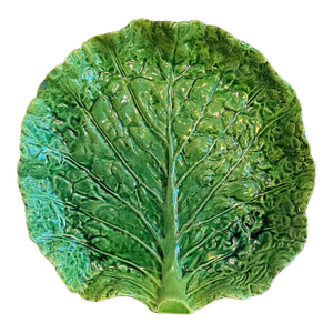 Antique Portuguese Majolica Pottery Green Cabbage or Lettuce Leaf Serving Dish