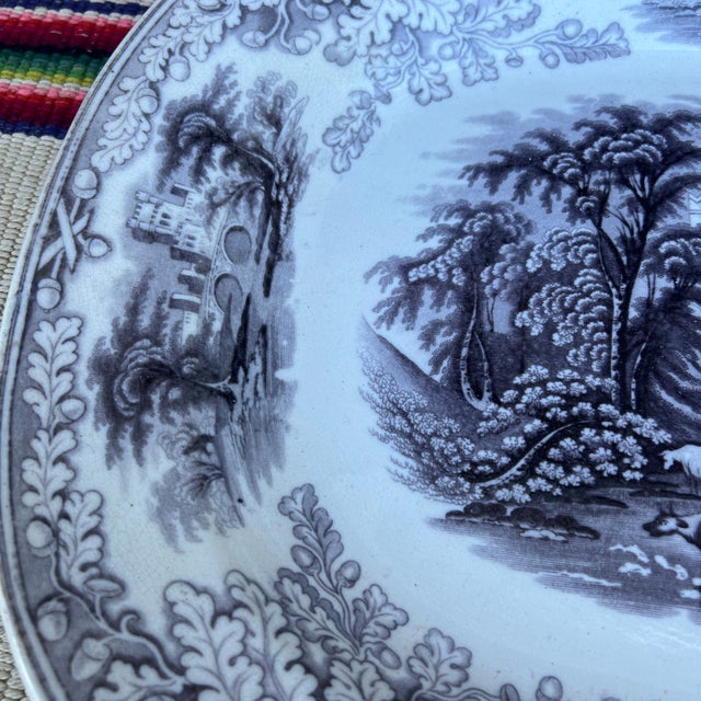 Antique English Staffordshire Mulberry Transfer Decorated Platter “Haddon”, circa 1840's Light blue transfer decorated...