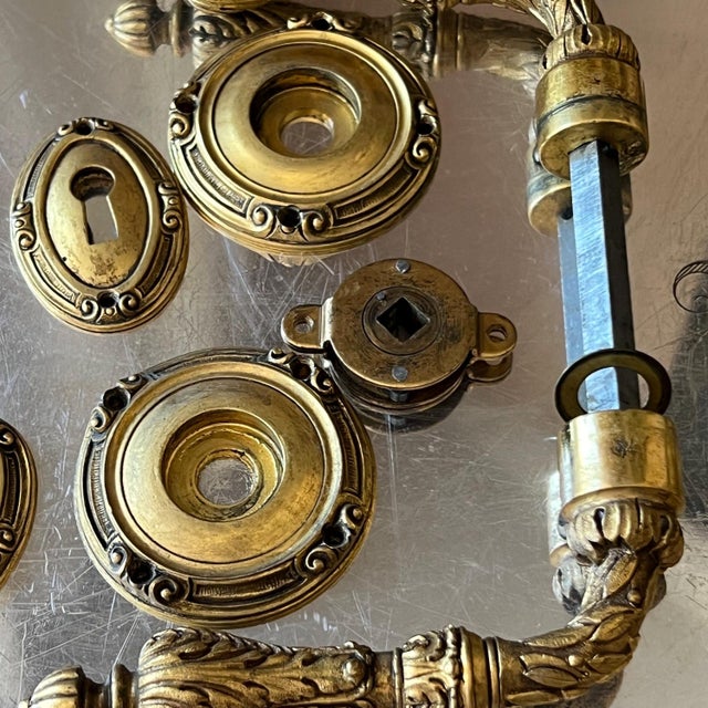 Pair of Sherle Wagner-style lever door handles / doorknobs and escutcheons // vintage hardware for French doors // cast brass with gilt For Sale - Image 15 of 16