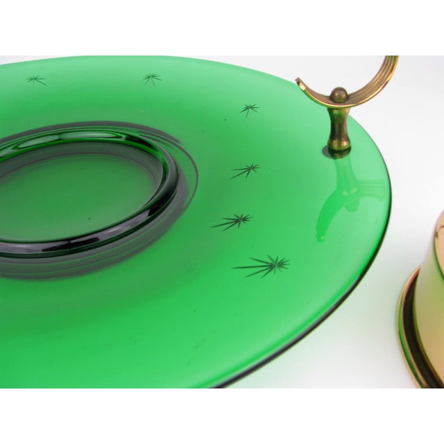 Vintage 1940s Paden City Emerald Glo Green Glass and Brass Tray or Serving Platter by National Silver Company For Sale - Image 10 of 12