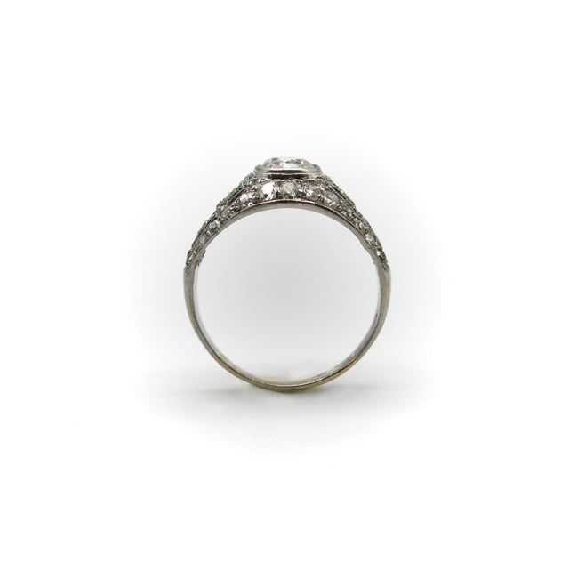 Metal 1920s Art Deco Platinum Diamond Emerald and Pave Diamond Ring, Size 7.5 For Sale - Image 7 of 10