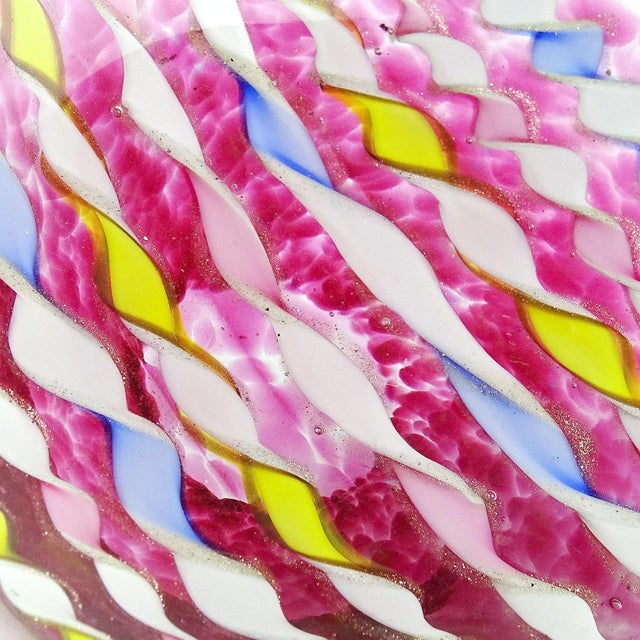 Mid-Century Modern Vintage Murano Pink Yellow Blue White Aventurine Flecks Ribbons Italian Art Glass Mid Century Bowl For Sale - Image 3 of 8