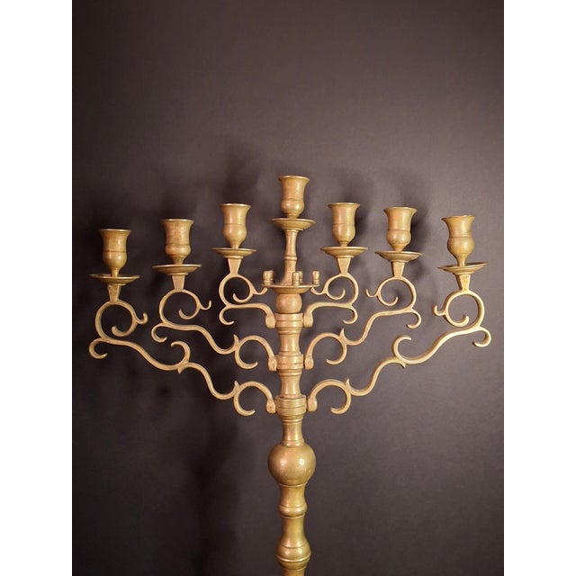 Rare 19thC Antique Polish Brass Menorah Large 22.7" 7 Branch Synagogue Knops For Sale - Image 10 of 18