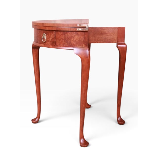 Queen Anne Baker Furniture Burled Walnut Queen Anne Flip Top Demilune Console Table For Sale - Image 3 of 11