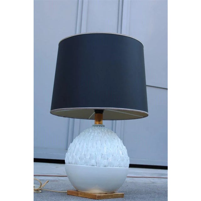 French Table Lamp with Pinecone in Porcelain, Brass & Black Silk in the Style of Maison Jansen, 1970s For Sale - Image 9 of 10