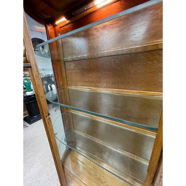 Brown Antique Tiger Oak, Lighted Curio Cabinet, Four Glass Shelves, Hand Carved, Glass Door For Sale - Image 8 of 13