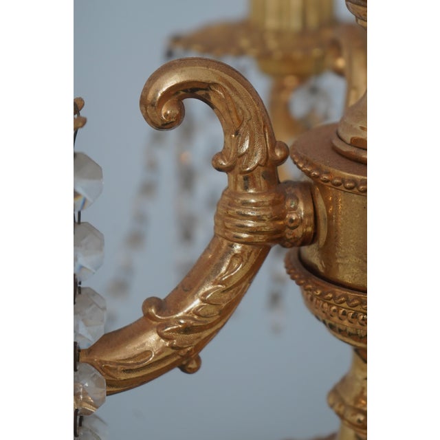 Brass 1950s Pair of French Empire Candelabra Lamps W. Prisms For Sale - Image 8 of 14
