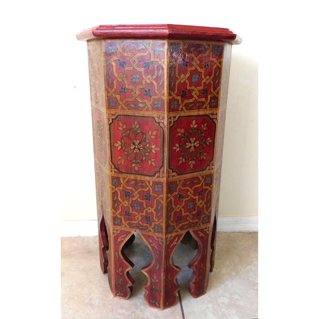Wood Vintage Moroccan Hand Painted Octagonal Pedestal Side Table For Sale - Image 7 of 10