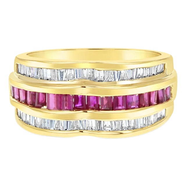 Ruby & Diamond Baguette Cocktail Ring 2.00cttw 14k Yellow Gold, Size 5 For Sale
