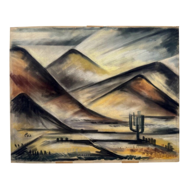 Henry Emil Salloch Original Pastel on Paper Expressionis Desert Mountain Landscape, 1962. For Sale