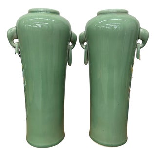 Celadon Ceramic Vases with Elegant Ring Handles - A Pair For Sale