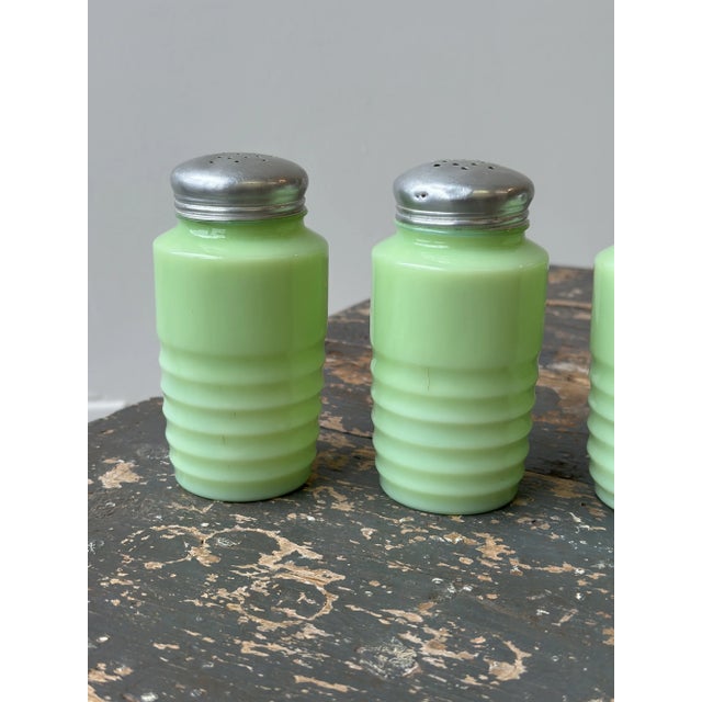 Vintage Jeanette Glass Jadeite Shakers, Set of Four, Circa 1950s For Sale - Image 11 of 14
