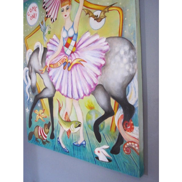 Figurative Side Show by Zoa Ace | Oil on canvas Girl in a tutu with animals and a horse in a circus setting. For Sale - Image 3 of 5