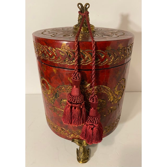 Metal Monumental 14" Graduated Trio of Maitland-Smith Tessellated Stone Canisters - Imperial Red & Gold Leaf For Sale - Image 7 of 18
