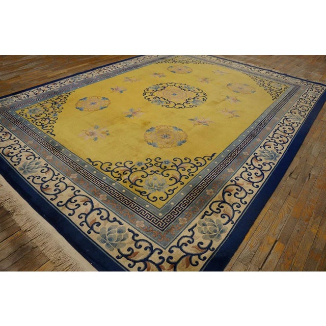 1920s Yellow Safrron Medallion Antique Chinese Peking Carpet 9'' X 12' Knotted Wool Rug For Sale - Image 12 of 12