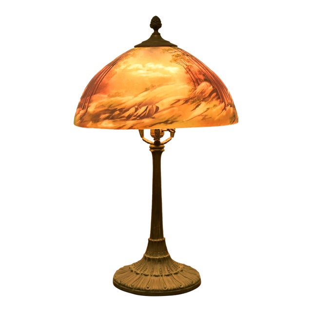 Antique Arts & Crafts Table Lamp With Painted Glass Landscape Scene Shade, Circa 1920s For Sale