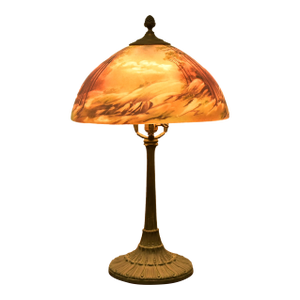 Antique Arts & Crafts Table Lamp With Painted Glass Landscape Scene Shade, Circa 1920s
