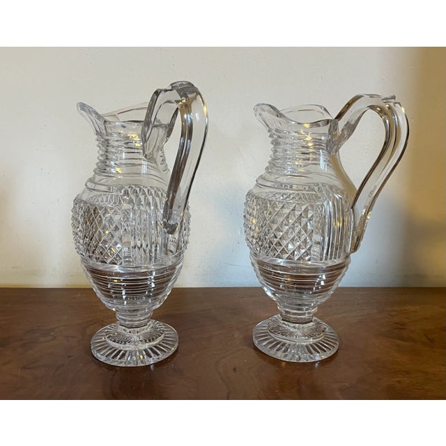 Early 19th Century Large Antique Early 19th Century George III Anglo Irish Cut Crystal Glass Wine Ewers or Water Pitchers - A Pair For Sale - Image 5 of 16