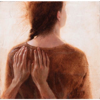The Sea Within by Ken Cunningham | Oil on cradled panel painting of a woman from behind with hands on her shoulders For Sale