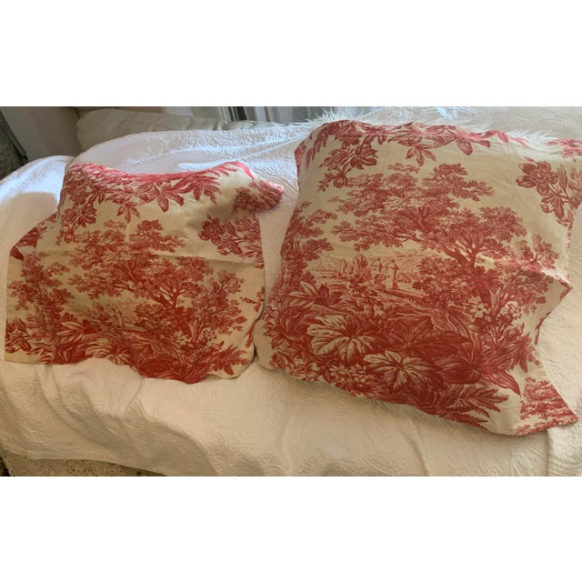 Pair Pottery Barn 2006 Matine Pillowsham Red Toile Floral Classic Traditional French Country Standard Size For Sale - Image 12 of 12
