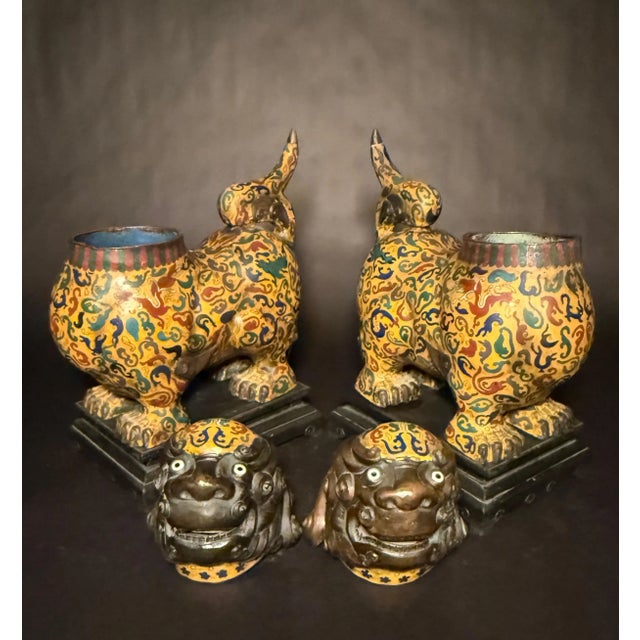 Metal Early 20th Century Pair Of Chinese Cloisonne Enamel Foo Lion Censers For Sale - Image 7 of 10