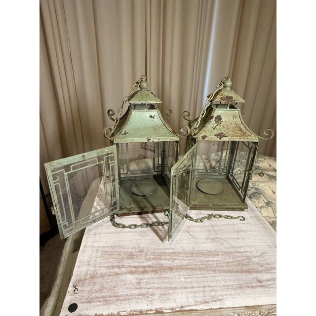 Pair of Vintage Metal Chinoiserie Pagoda-Style Hanging Lanterns With Weathered Sage Green Finish For Sale - Image 4 of 12