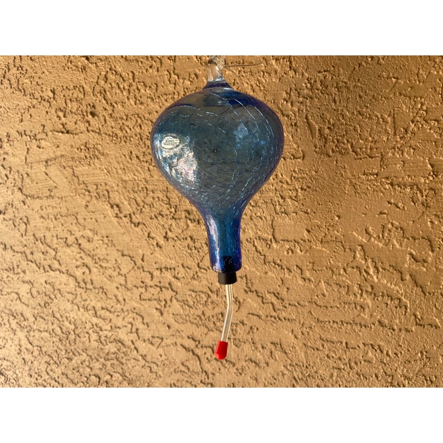 Mid-Century Modern 1970s Blenko Blue Crackle Glass Hummingbird Feeder - Rare For Sale - Image 3 of 9