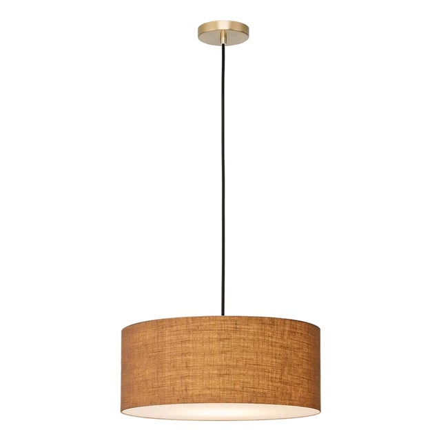 Stretch Pendant, Burlap Shade, Weathered Brass For Sale