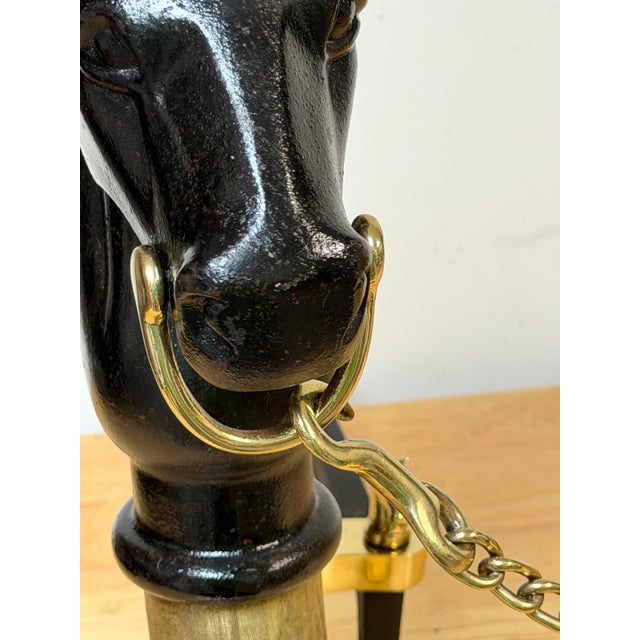 19th Century English Brass & Iron Horse Motif Andirons with Removable Chain For Sale In West Palm - Image 6 of 18