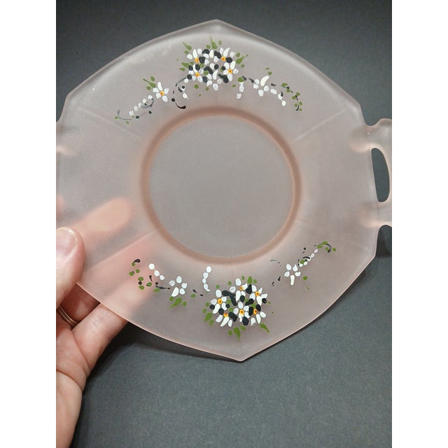 Rustic European 1970s Frosted Pink Octagonal Dish Hand Painted Flowers Dainty Cottage Tea Party Girly For Sale - Image 3 of 6