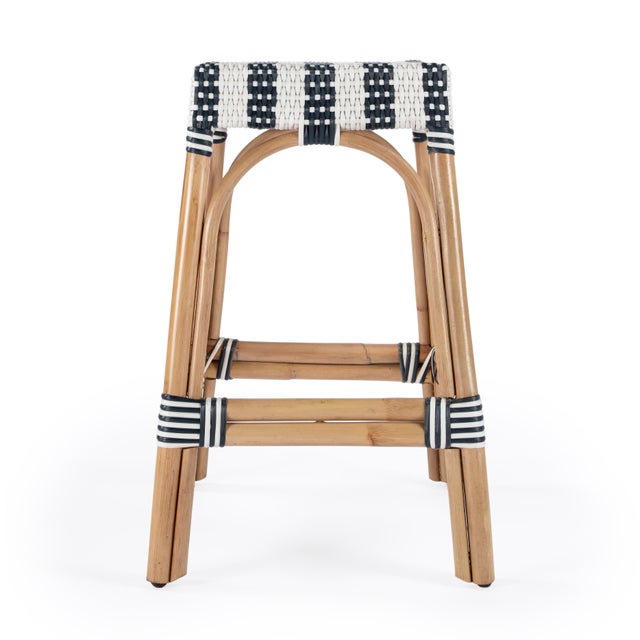 Robias 24.5 in. Seat Height Rectangular Rattan Backless Counter Stool with Footrest, White/Navy Stripe/ Natural Rattan Frame For Sale In Chicago - Image 6 of 9