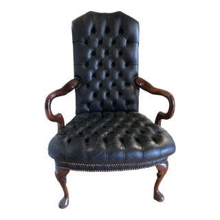 Tufted Leather and Wood Chair For Sale