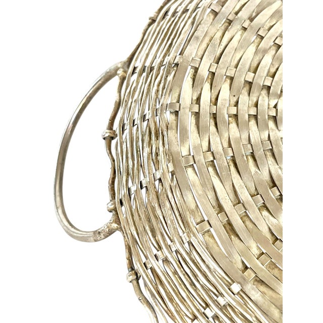 Vintage French Provincial Woven Silver Plate Basket Tray With Handles Style After Christofle For Sale - Image 9 of 12