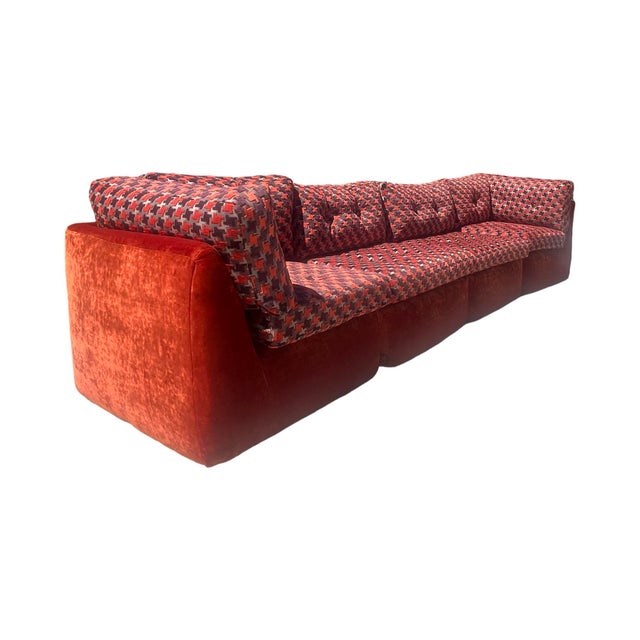 Textile Vintage Mid Century Modern 1970s - 1980s 4 Piece Modular Orange Velvet Geometric Sofa Restored Postmodern 80s For Sale - Image 7 of 12