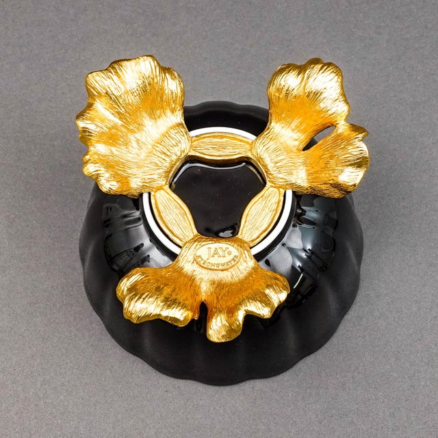 Metal Mid 20th Century Jay Strongwater Brittany Black Porcelain 18k Gold Embellished Fluted Bowl For Sale - Image 7 of 8