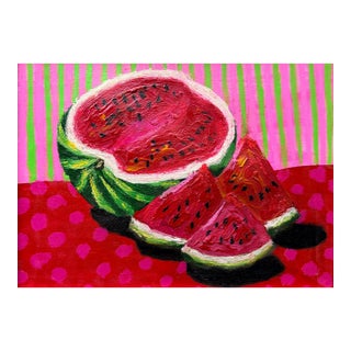 Watermelon Still Life Painting, Colorful Original Acrylic on Paper 9x12 For Sale