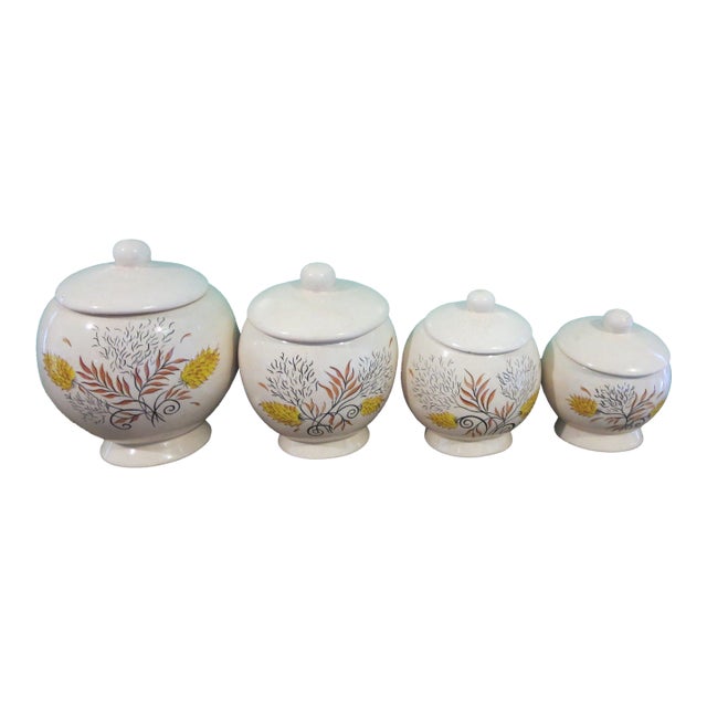 1980s Ceramic Canisters With Golden Wheat Fall Painted Under Glaze- Set of 4 For Sale