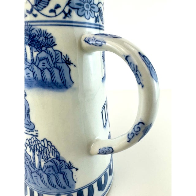 Chinoiserie Vintage Mid 20th Century Blue and White Chineoise Small Pitcher - Vase For Sale - Image 3 of 11