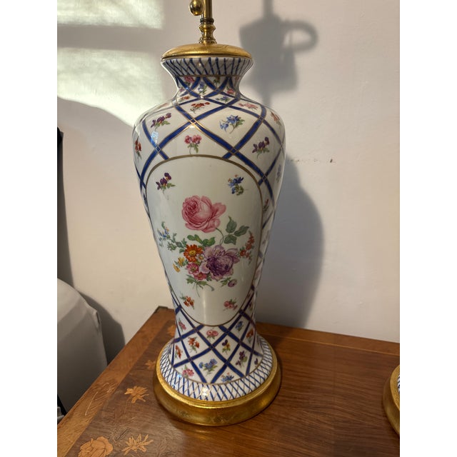 French Pair French Sevres Style Hand Painted Floral Vases Made Into Lamps For Sale - Image 3 of 6