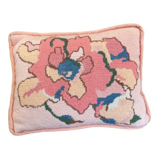 Handmade Needlepoint Floral Pillow With Pink Corduroy Backing - Accent Cushion, Made in Seattle For Sale