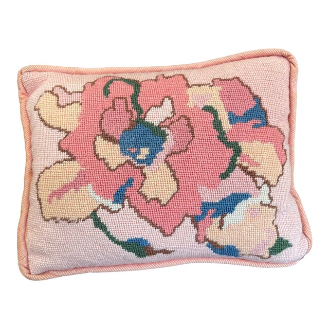 Handmade Needlepoint Floral Pillow With Pink Corduroy Backing - Accent Cushion, Made in Seattle For Sale