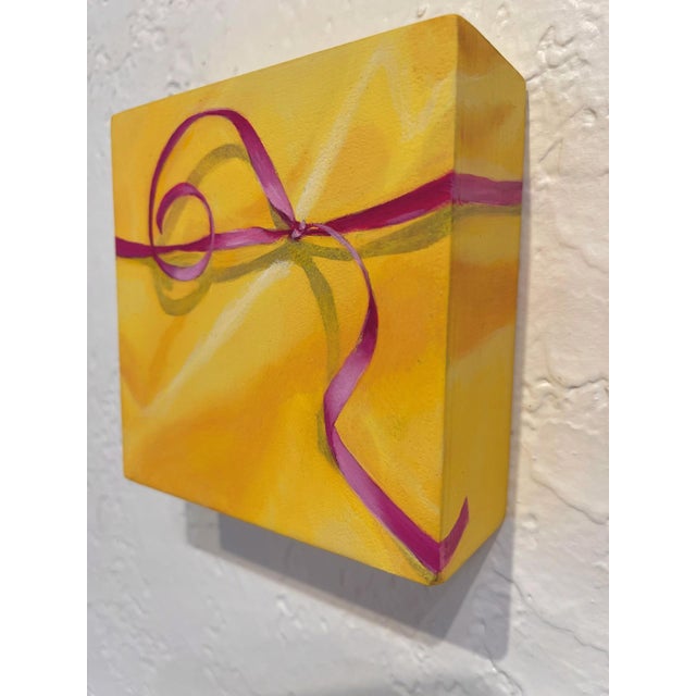 Abstract Gold Gift Box by Sarah van der Helm | Oil on Cradled Panel Painting of a wrapped gift box with ribbon For Sale - Image 3 of 5