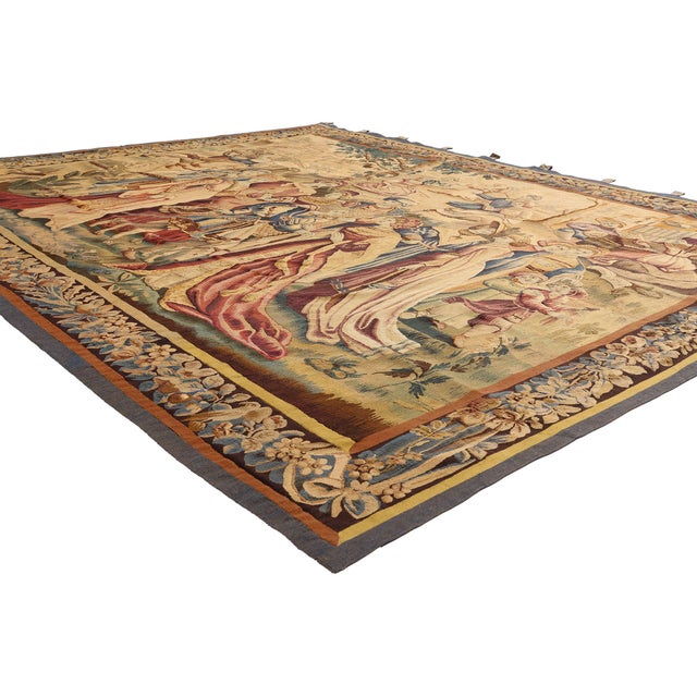 79397 Antique French Tapestry, 07'08 x 08'11. The Regal Convergence: A French Tapestry Masterpiece of Courtly Grandeur...