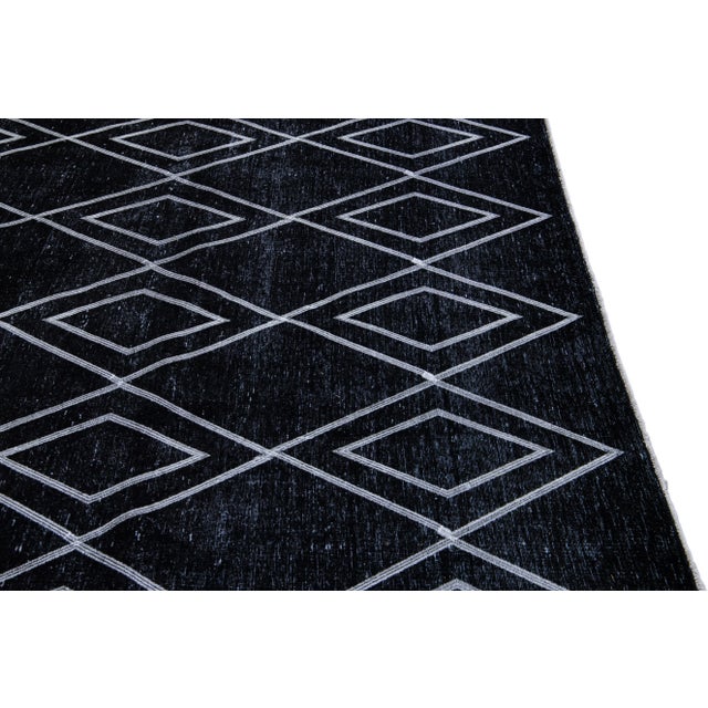 Black Modern Turkish Handmade Geometric Diamond Pattern Wool Rug For Sale - Image 10 of 11