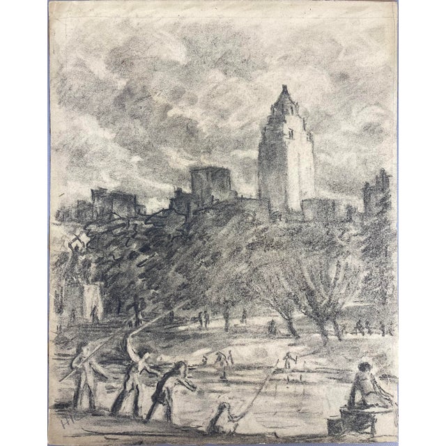 A wonderfully playful charcoal sketch on paper rendering of Central Park, New York City. Circa 1930. Signed with initials,...