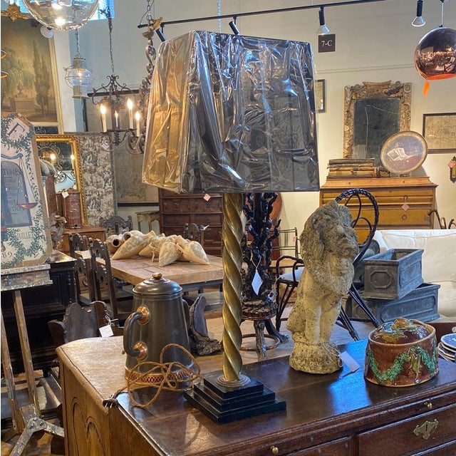 English brass barley twist lamp with a new black shade. Newly rewired with a silk cord. 8”l x 8”w x 35”h 37-110